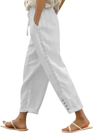 Women's Casual Pants 2025 New Summer Cotton Linen Slim Elegant Straight Pants Splicing Solid Color Nine Point Trousers