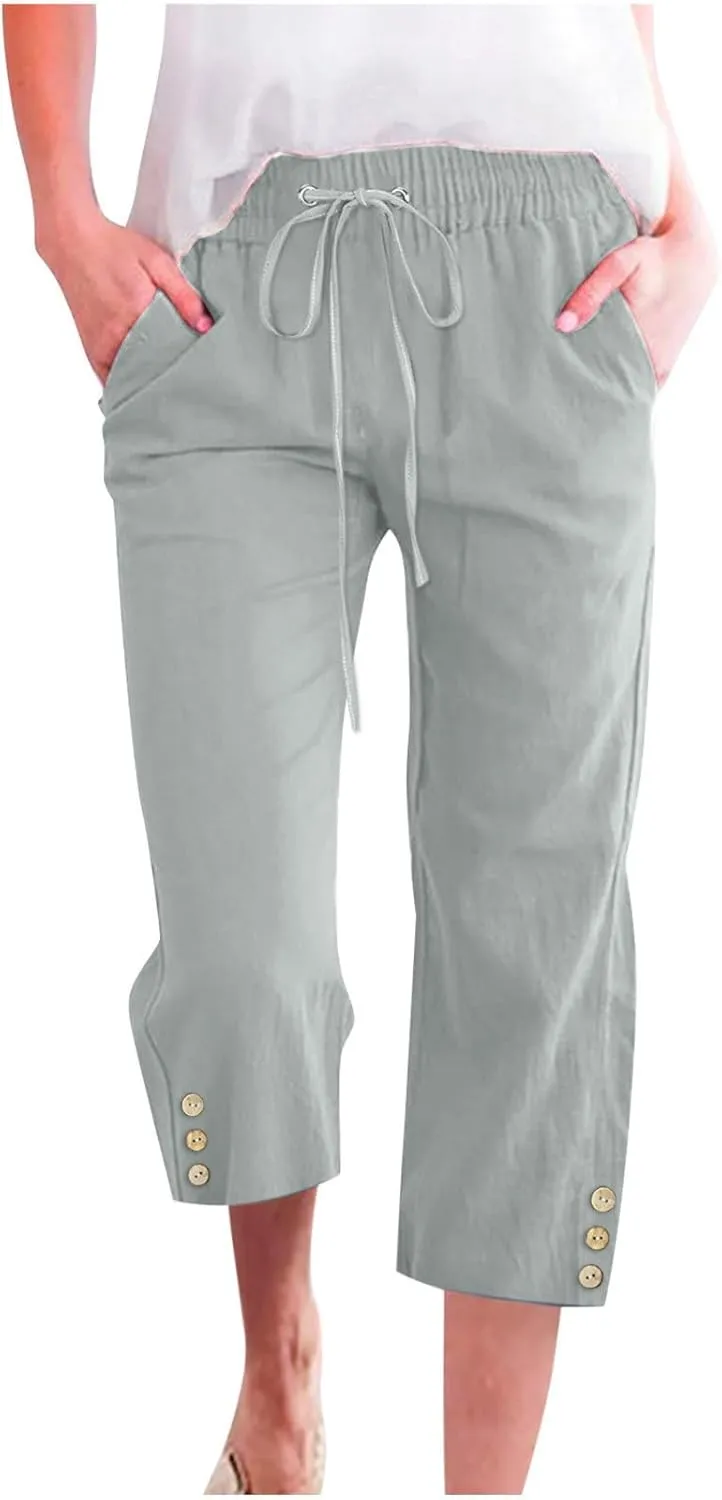 Womens Casual Summer Linen Pants Solid Color Elastic Waist Loose Pants Straight Wide Leg Trousers with Pockets