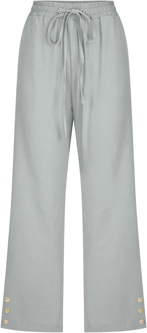 Womens Casual Summer Linen Pants Solid Color Elastic Waist Loose Pants Straight Wide Leg Trousers with Pockets