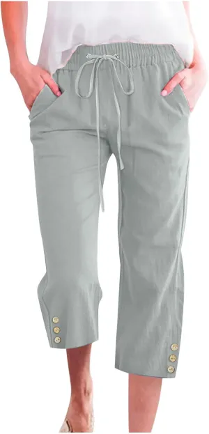 Womens Casual Summer Linen Pants Solid Color Elastic Waist Loose Pants Straight Wide Leg Trousers with Pockets