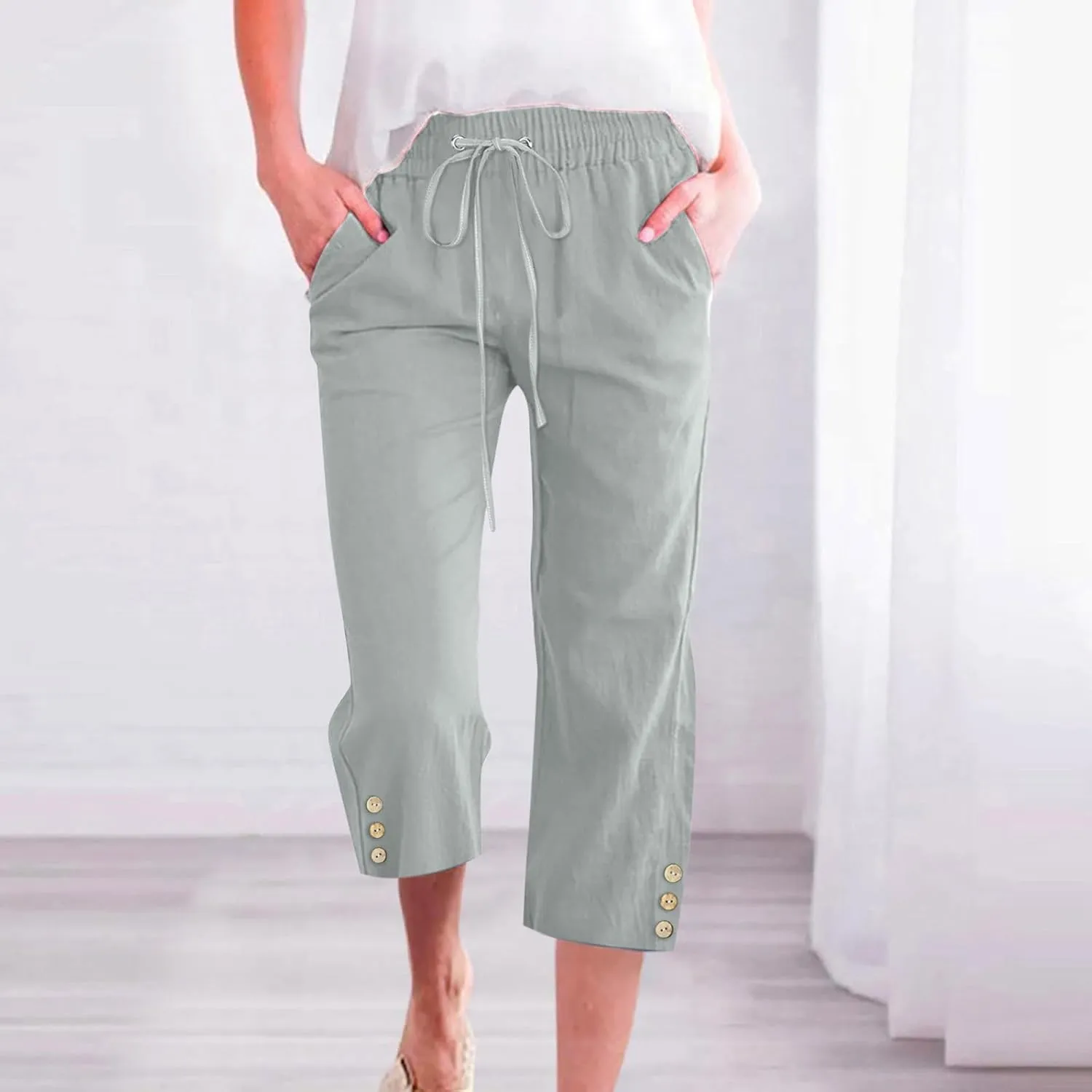 Womens Casual Summer Linen Pants Solid Color Elastic Waist Loose Pants Straight Wide Leg Trousers with Pockets
