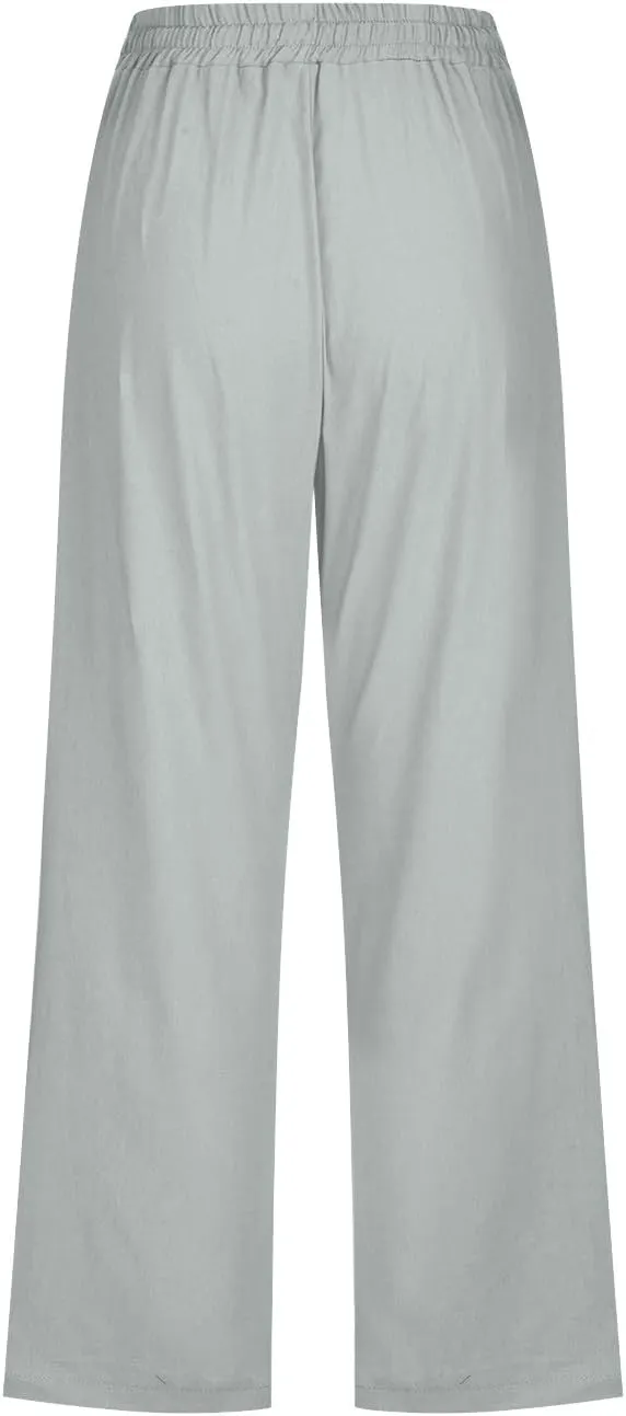 Womens Casual Summer Linen Pants Solid Color Elastic Waist Loose Pants Straight Wide Leg Trousers with Pockets