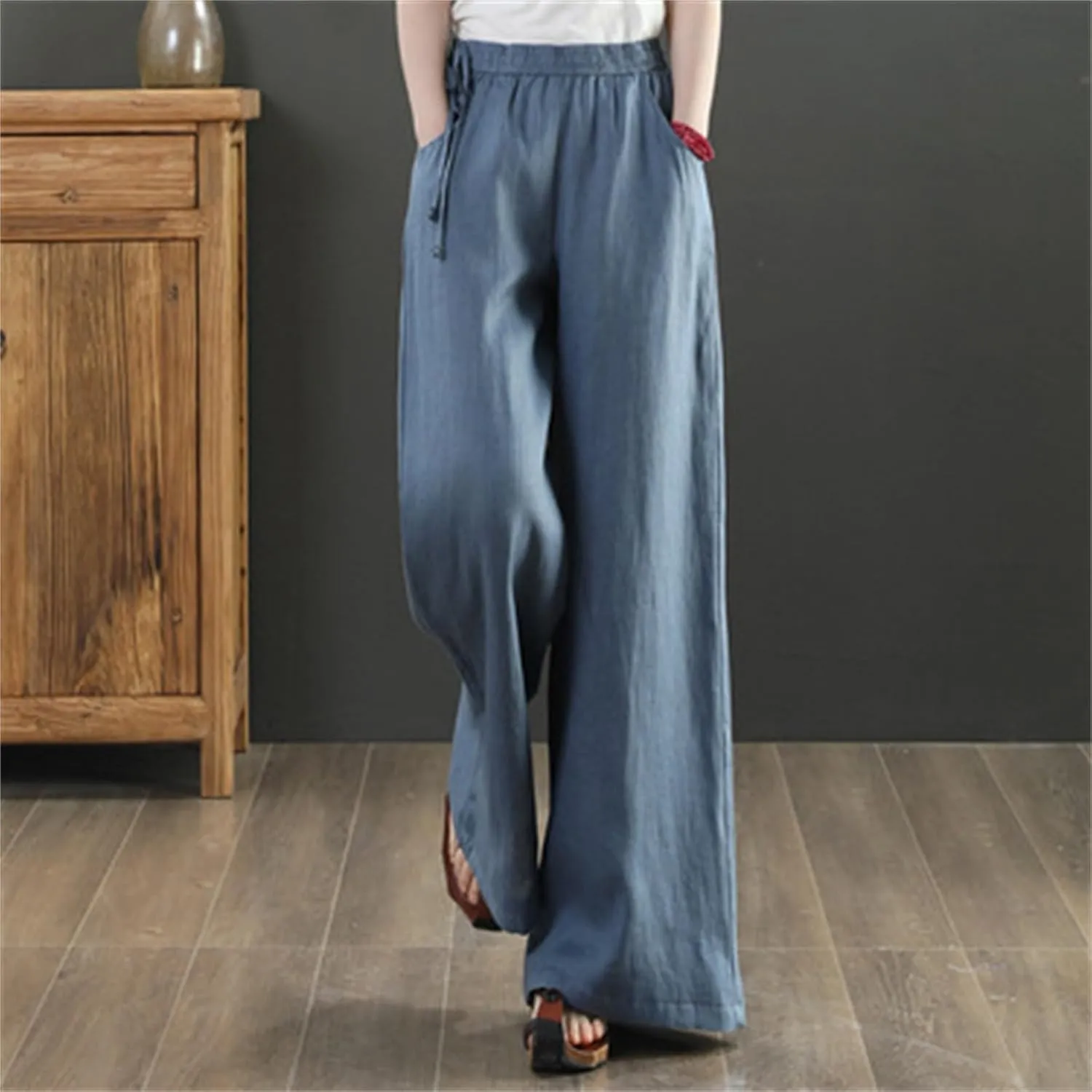Womens Cotton Linen Palazzo Pants Summer Lightweight Elastic Waist Casual Wide Leg Trousers with Pockets