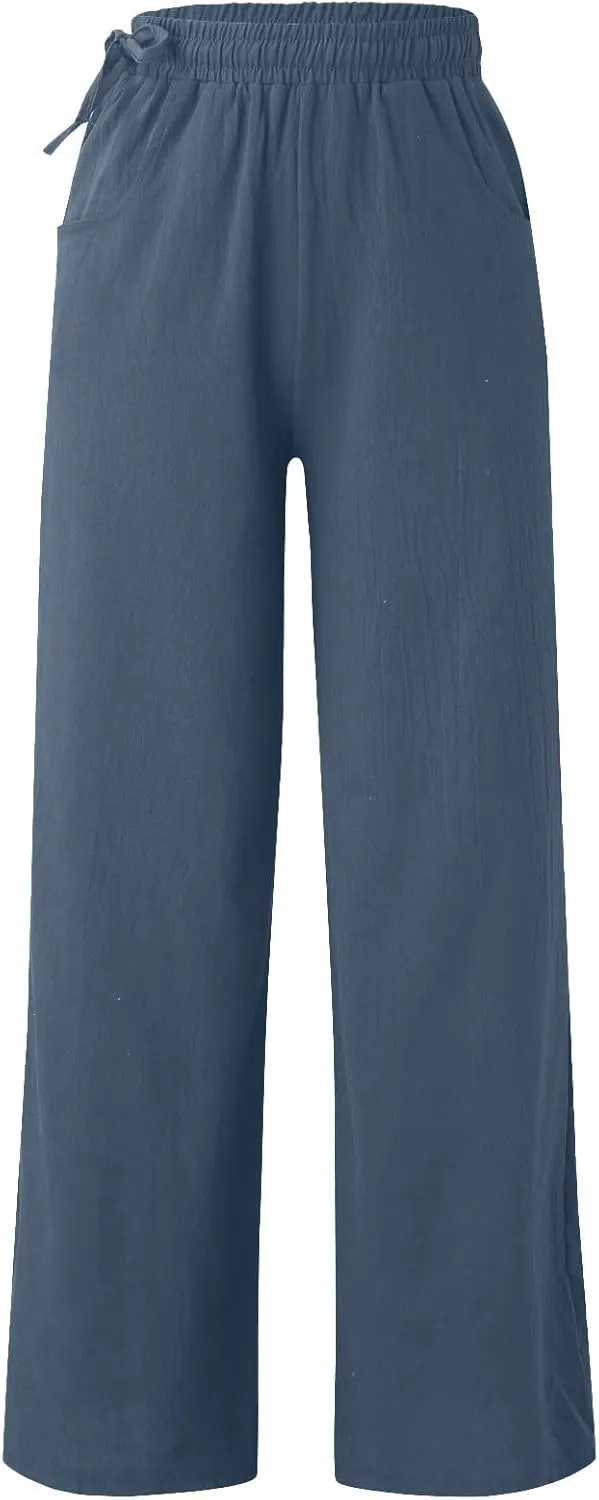 Womens Cotton Linen Palazzo Pants Summer Lightweight Elastic Waist Casual Wide Leg Trousers with Pockets