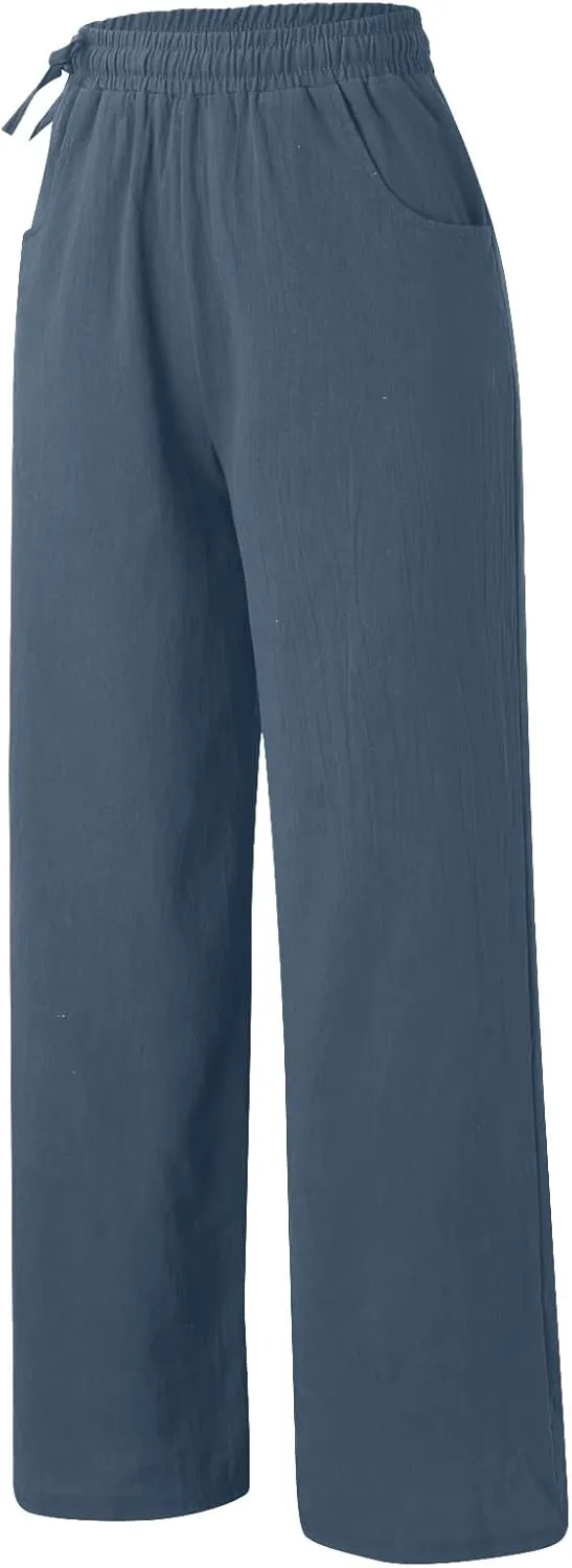 Womens Cotton Linen Palazzo Pants Summer Lightweight Elastic Waist Casual Wide Leg Trousers with Pockets
