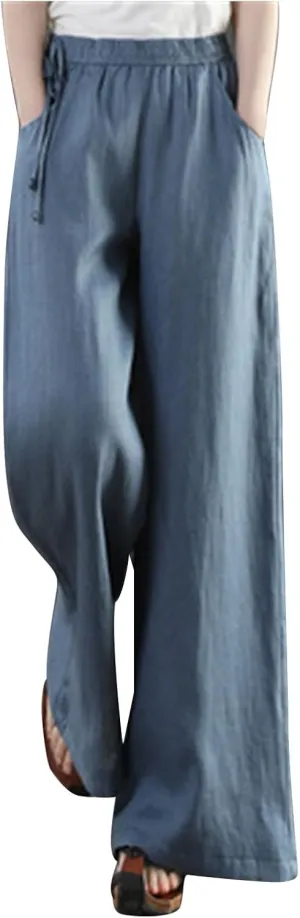 Womens Cotton Linen Palazzo Pants Summer Lightweight Elastic Waist Casual Wide Leg Trousers with Pockets