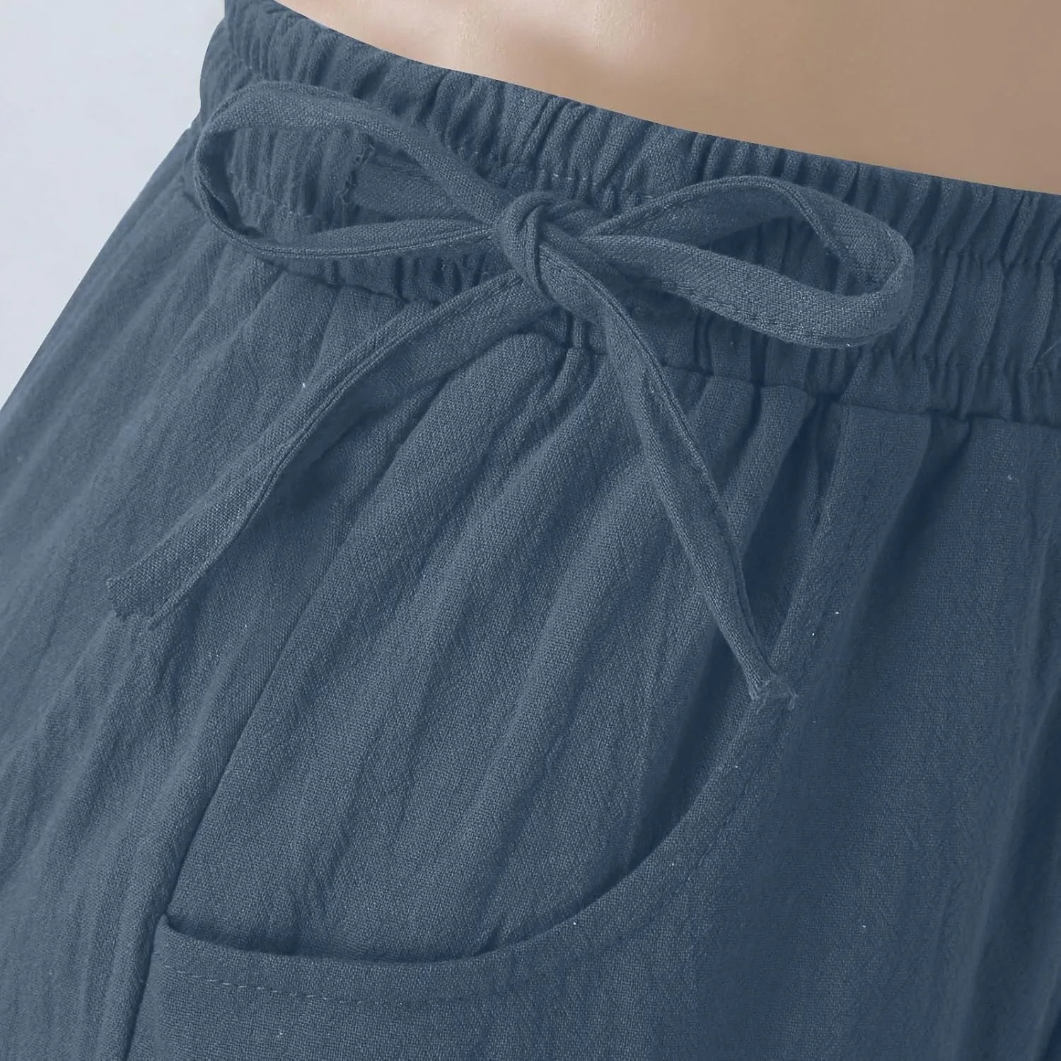 Womens Cotton Linen Palazzo Pants Summer Lightweight Elastic Waist Casual Wide Leg Trousers with Pockets