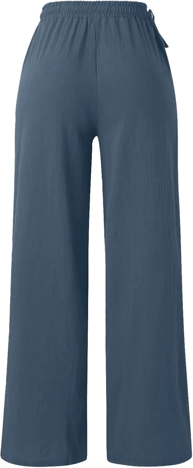 Womens Cotton Linen Palazzo Pants Summer Lightweight Elastic Waist Casual Wide Leg Trousers with Pockets
