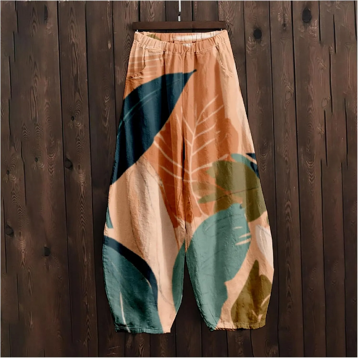 Women's Cotton Linen Pants Casual Baggy Pants Boho Printed Elastic High Waist Relax Fit Lantern Trouser Plus Size