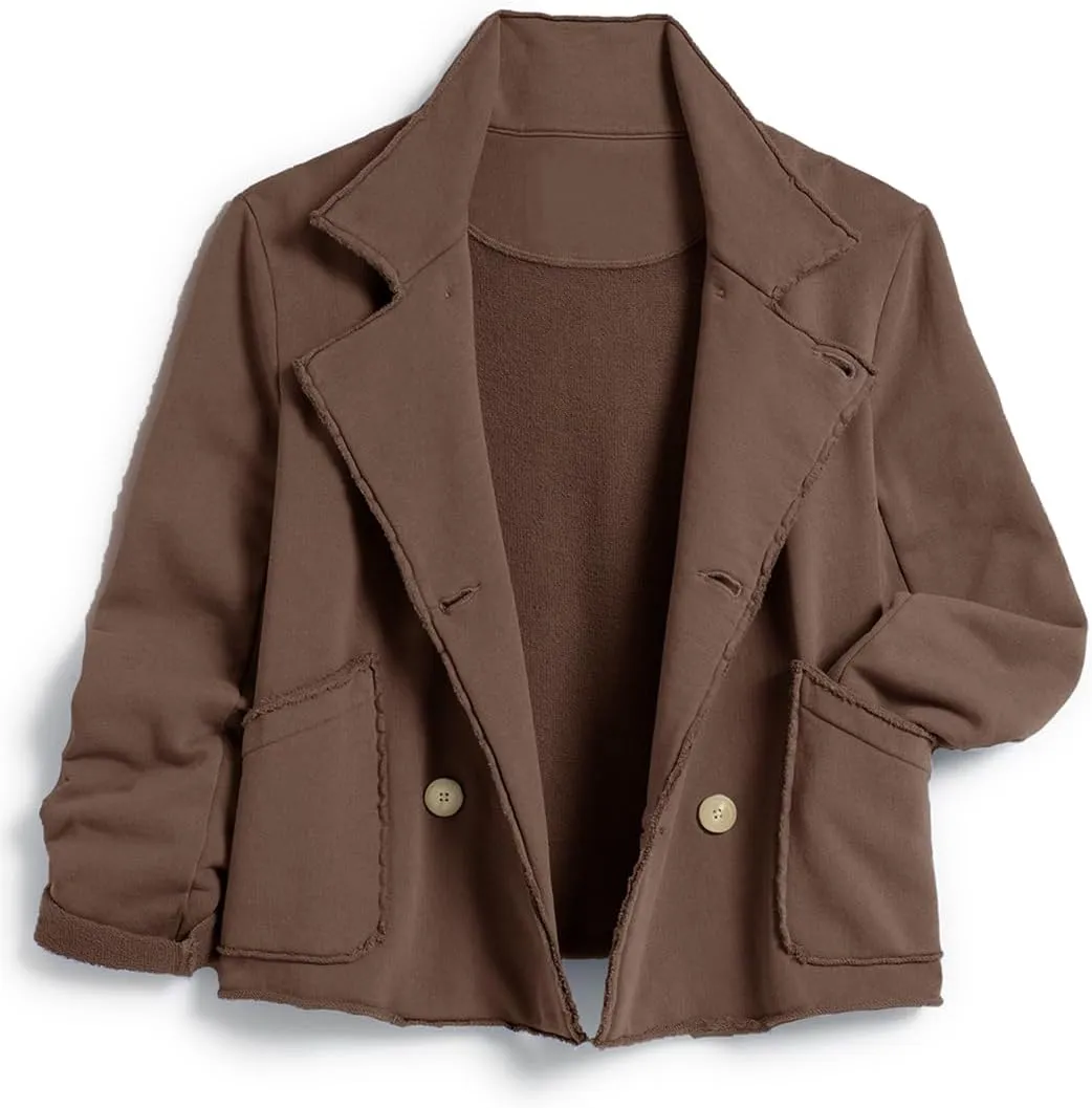 Women's Cropped Pea Coat Notched Lapel Double Breasted Trench Overcoat Blazer Jacket with Pockets