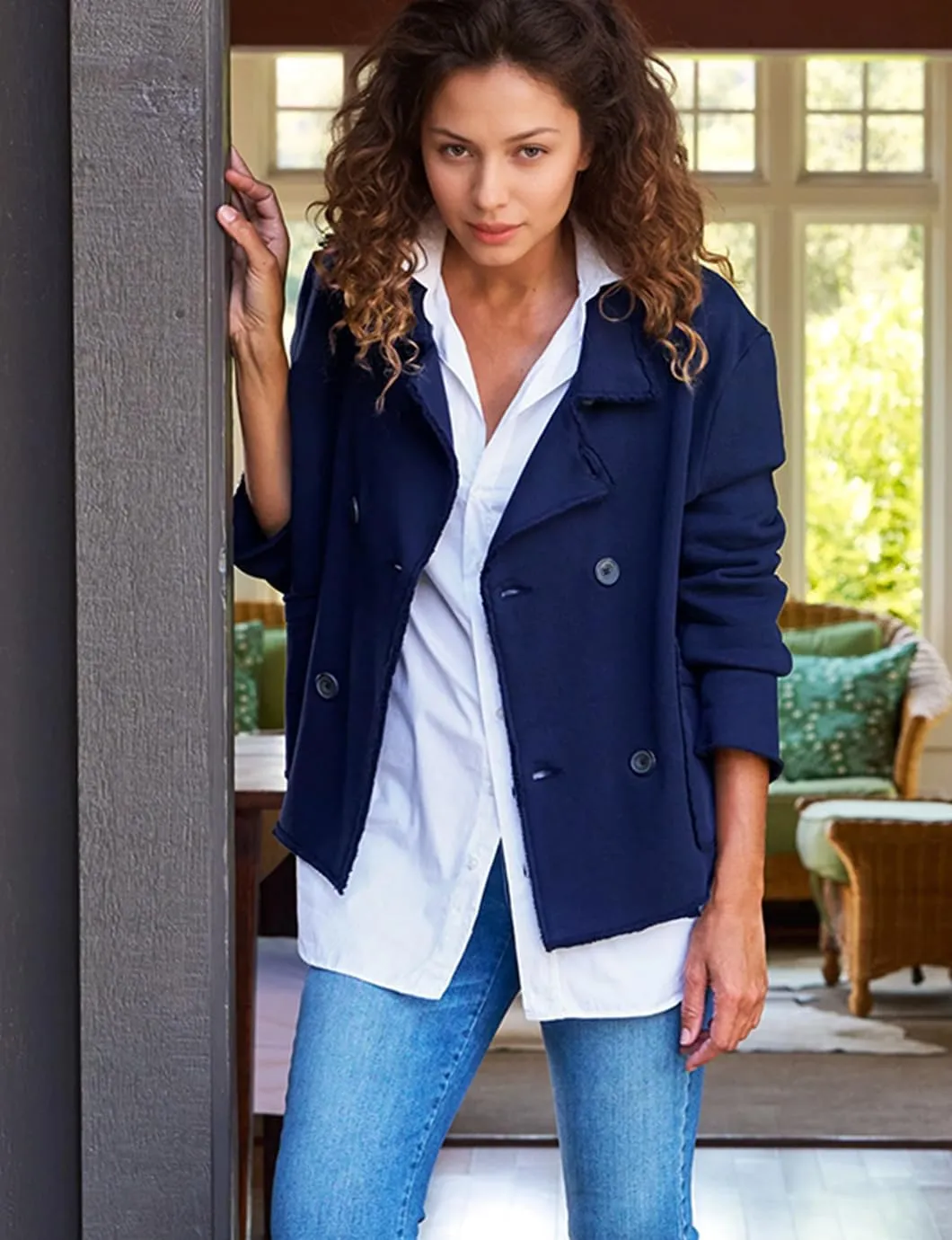 Women's Cropped Pea Coat Notched Lapel Double Breasted Trench Overcoat Blazer Jacket with Pockets