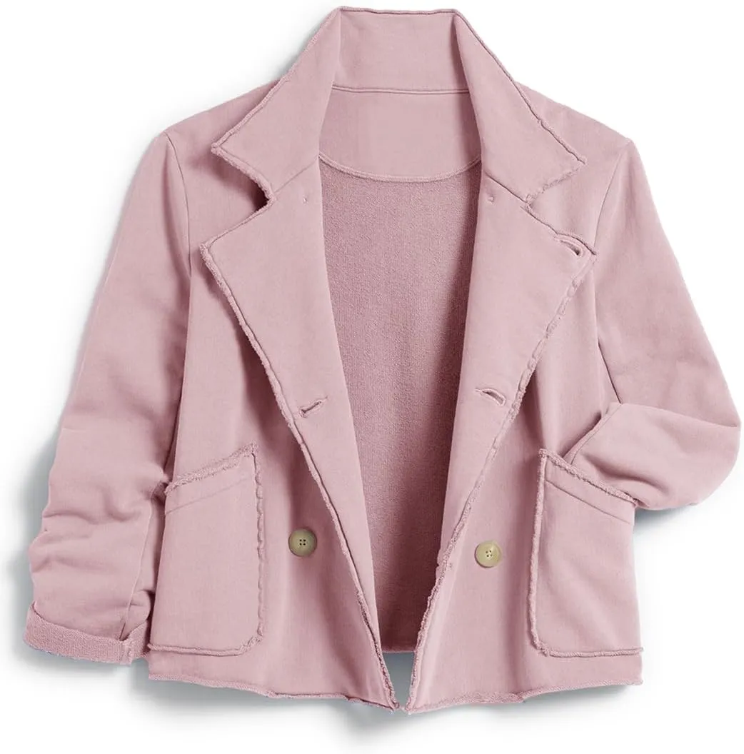 Women's Cropped Pea Coat Notched Lapel Double Breasted Trench Overcoat Blazer Jacket with Pockets