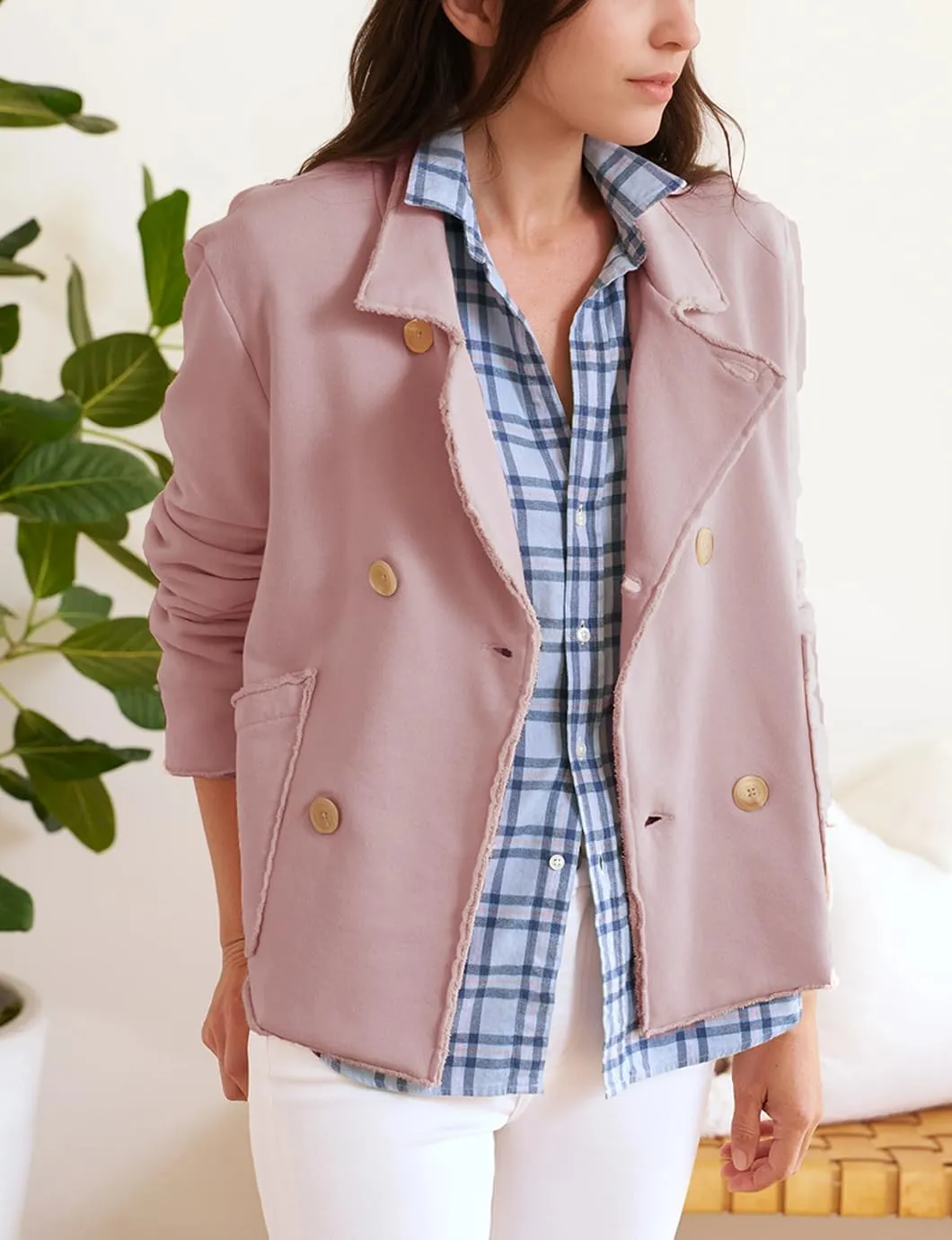 Women's Cropped Pea Coat Notched Lapel Double Breasted Trench Overcoat Blazer Jacket with Pockets
