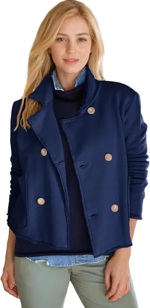 Women's Cropped Pea Coat Notched Lapel Double Breasted Trench Overcoat Blazer Jacket with Pockets