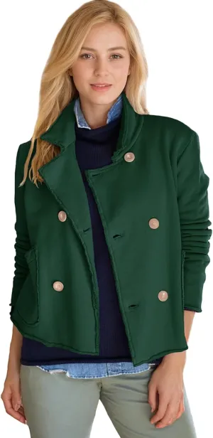 Womens Cropped Pea Coat Notched Lapel Double Breasted Trench Overcoat Blazer Jacket with Pockets