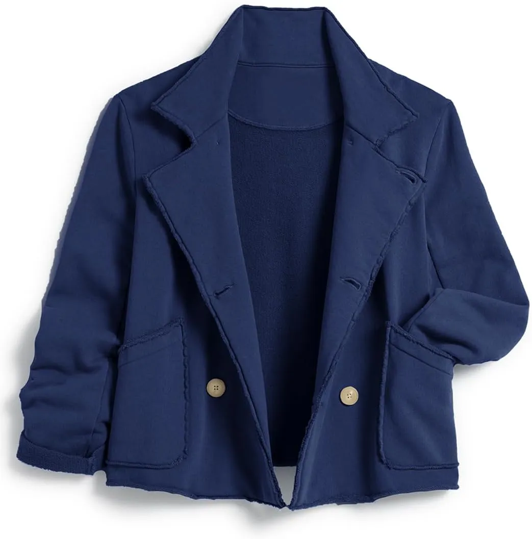 Women's Cropped Pea Coat Notched Lapel Double Breasted Trench Overcoat Blazer Jacket with Pockets