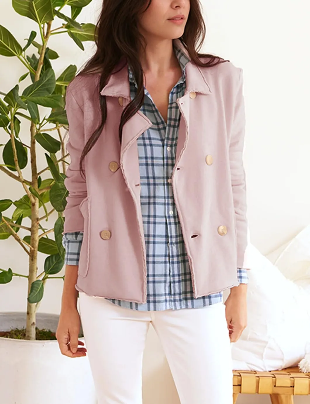 Women's Cropped Pea Coat Notched Lapel Double Breasted Trench Overcoat Blazer Jacket with Pockets