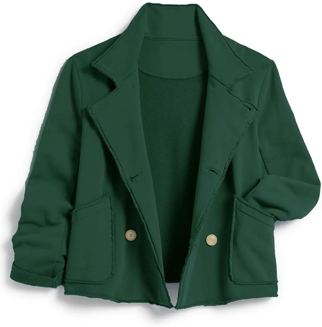 Womens Cropped Pea Coat Notched Lapel Double Breasted Trench Overcoat Blazer Jacket with Pockets