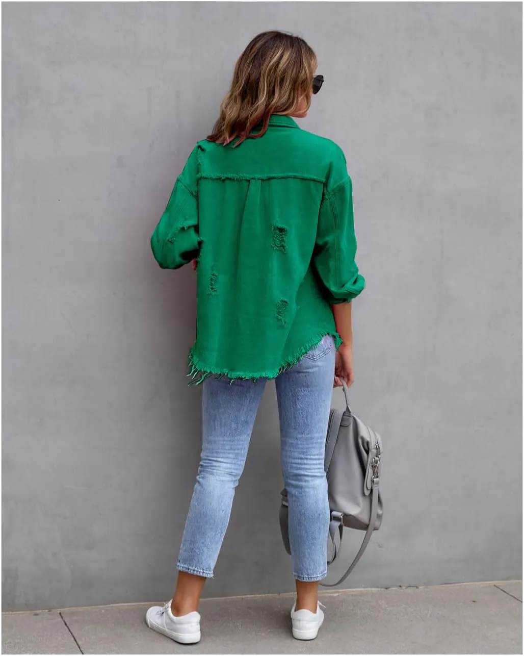 Women's Distressed Denim Jacket Long Sleeve Lapel Button Up Frayed Jean Shacket