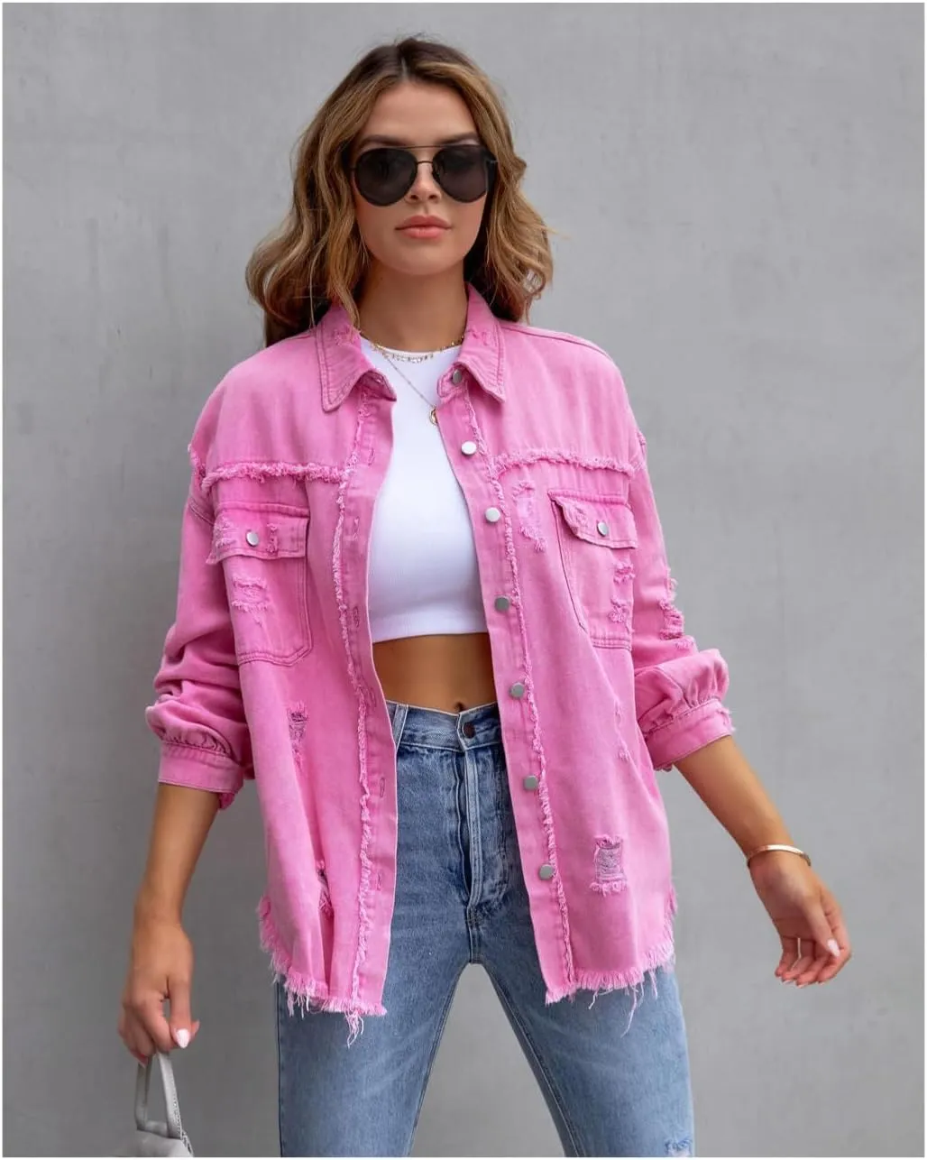 Women's Distressed Denim Jacket Long Sleeve Lapel Button Up Frayed Jean Shacket