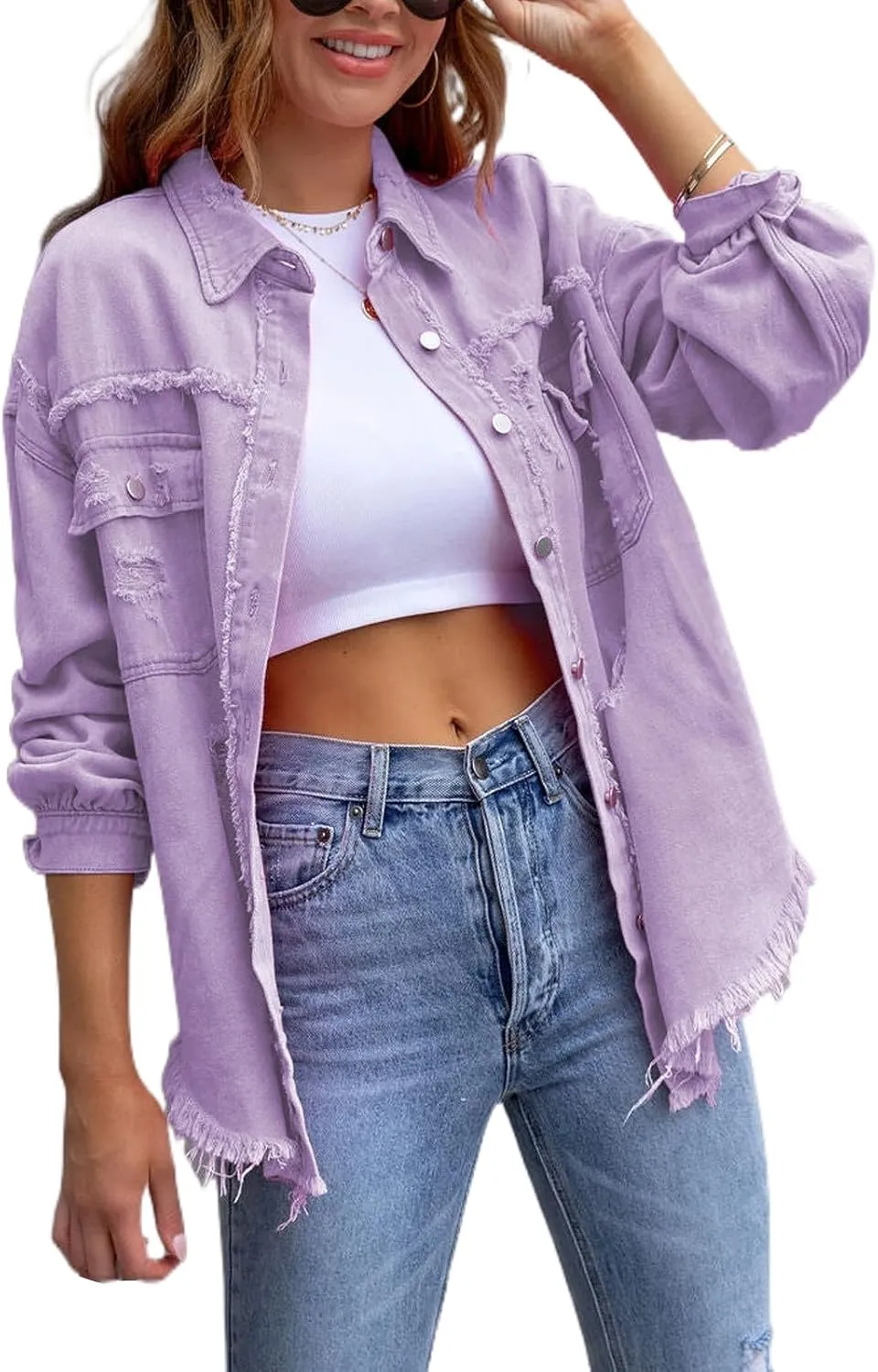 Women's Distressed Denim Jacket Long Sleeve Lapel Button Up Frayed Jean Shacket