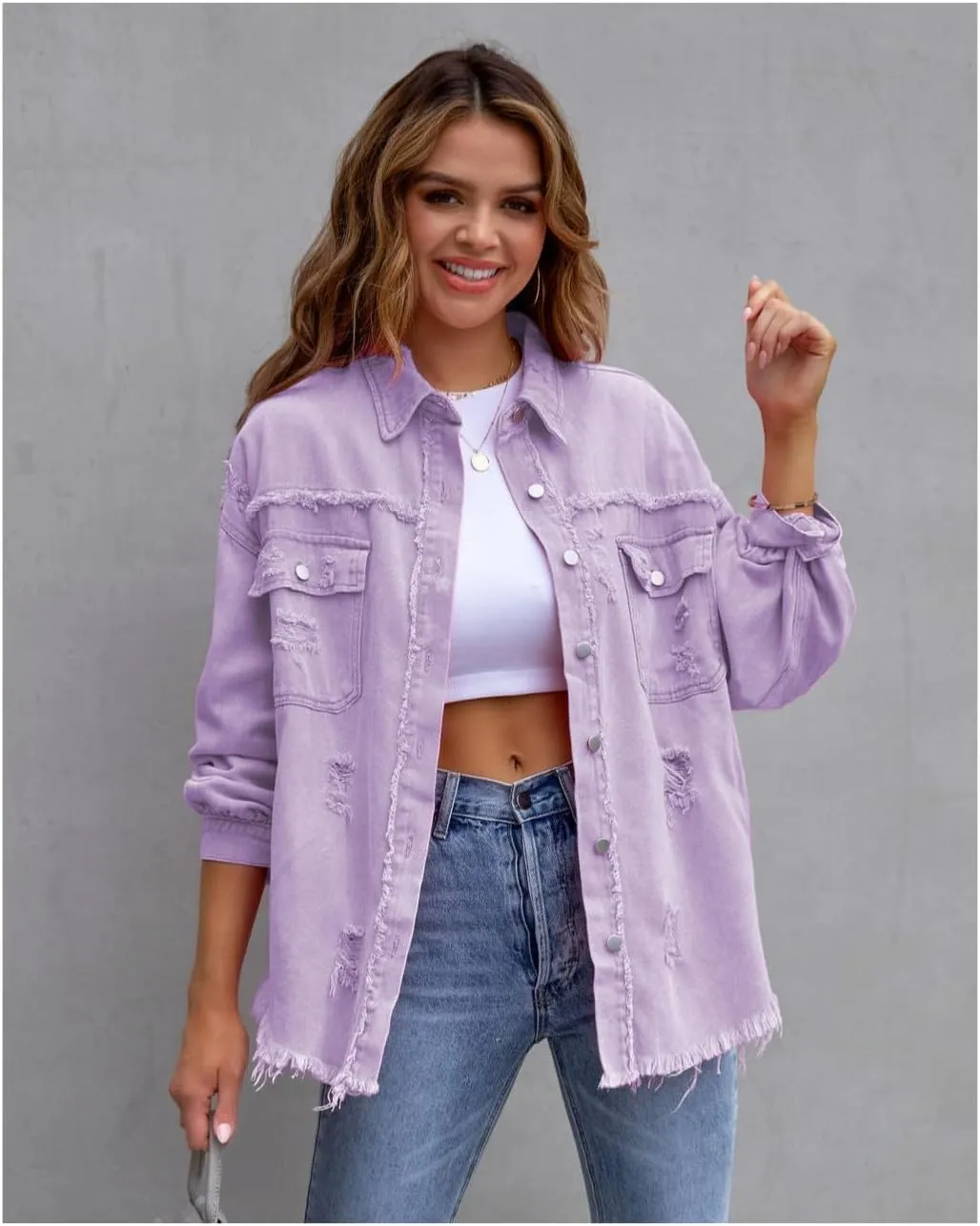 Women's Distressed Denim Jacket Long Sleeve Lapel Button Up Frayed Jean Shacket