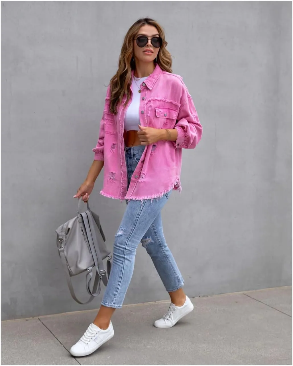 Women's Distressed Denim Jacket Long Sleeve Lapel Button Up Frayed Jean Shacket