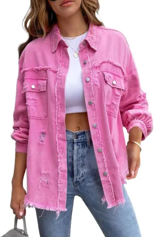 Women's Distressed Denim Jacket Long Sleeve Lapel Button Up Frayed Jean Shacket