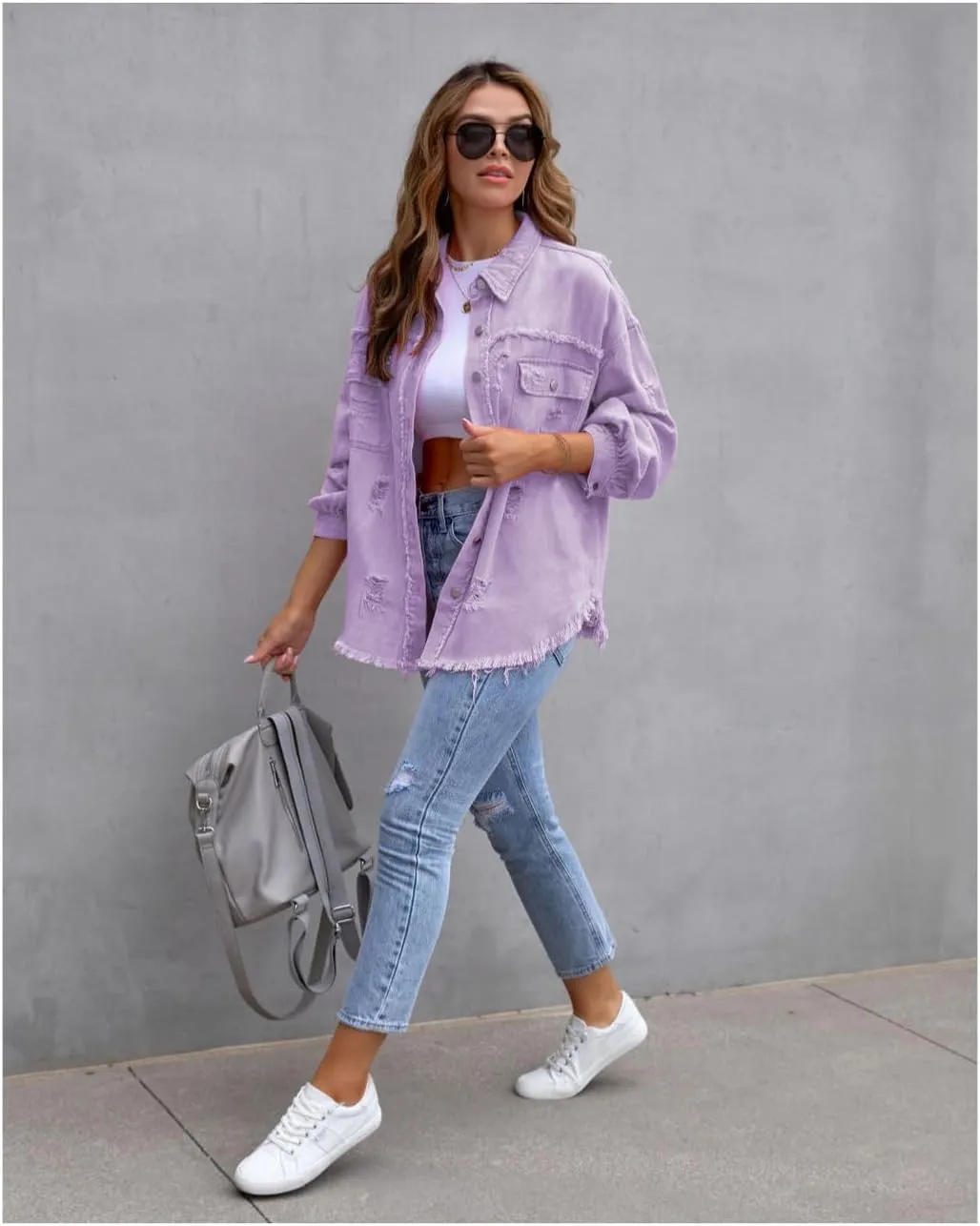 Women's Distressed Denim Jacket Long Sleeve Lapel Button Up Frayed Jean Shacket