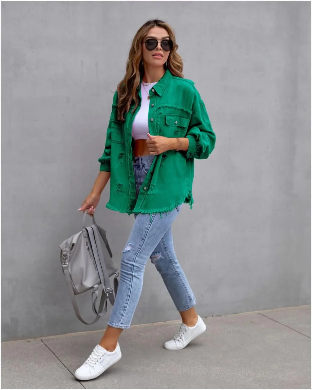 Women's Distressed Denim Jacket Long Sleeve Lapel Button Up Frayed Jean Shacket