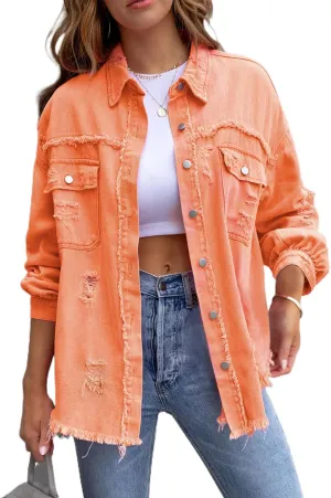 Women's Distressed Denim Jacket Long Sleeve Lapel Button Up Frayed Jean Shacket