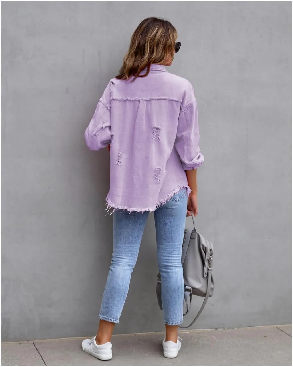 Women's Distressed Denim Jacket Long Sleeve Lapel Button Up Frayed Jean Shacket