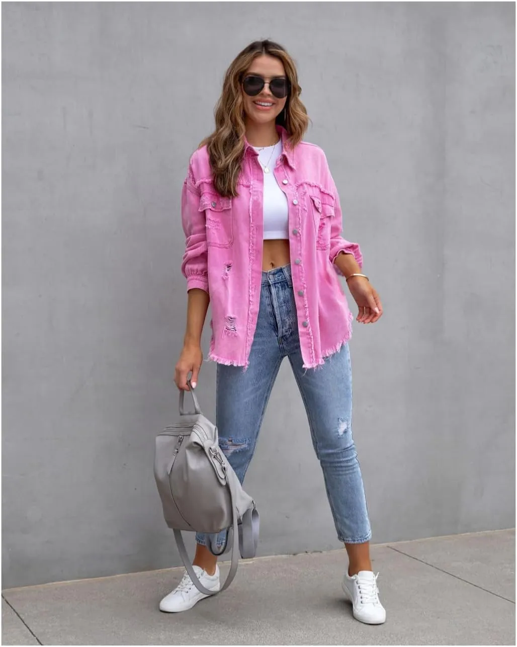 Women's Distressed Denim Jacket Long Sleeve Lapel Button Up Frayed Jean Shacket