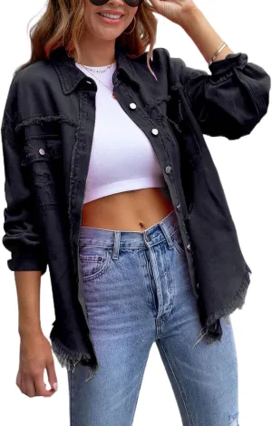 Women's Distressed Denim Jacket Long Sleeve Lapel Button Up Frayed Jean Shacket