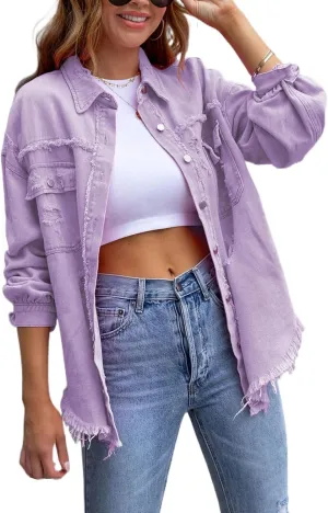 Women's Distressed Denim Jacket Long Sleeve Lapel Button Up Frayed Jean Shacket