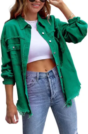 Women's Distressed Denim Jacket Long Sleeve Lapel Button Up Frayed Jean Shacket