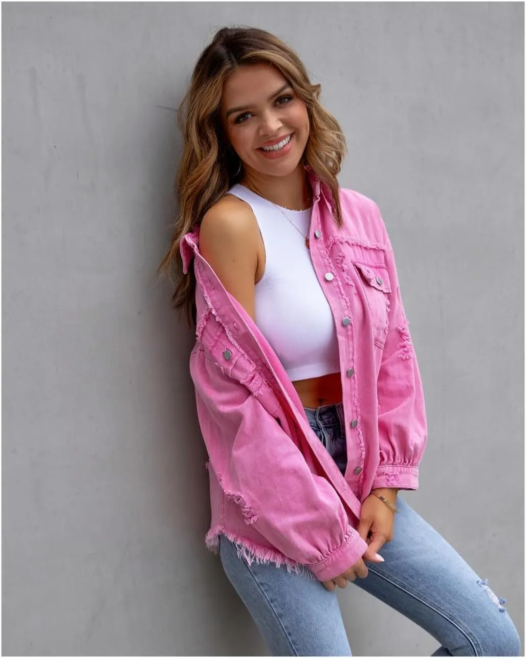 Women's Distressed Denim Jacket Long Sleeve Lapel Button Up Frayed Jean Shacket