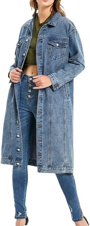 Womens Fashion Long Jean Jackets Button Down Long Sleeve Denim Jacket Trench Coat Oversized Denim Outerwear