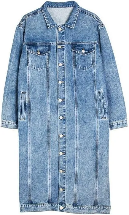 Womens Fashion Long Jean Jackets Button Down Long Sleeve Denim Jacket Trench Coat Oversized Denim Outerwear