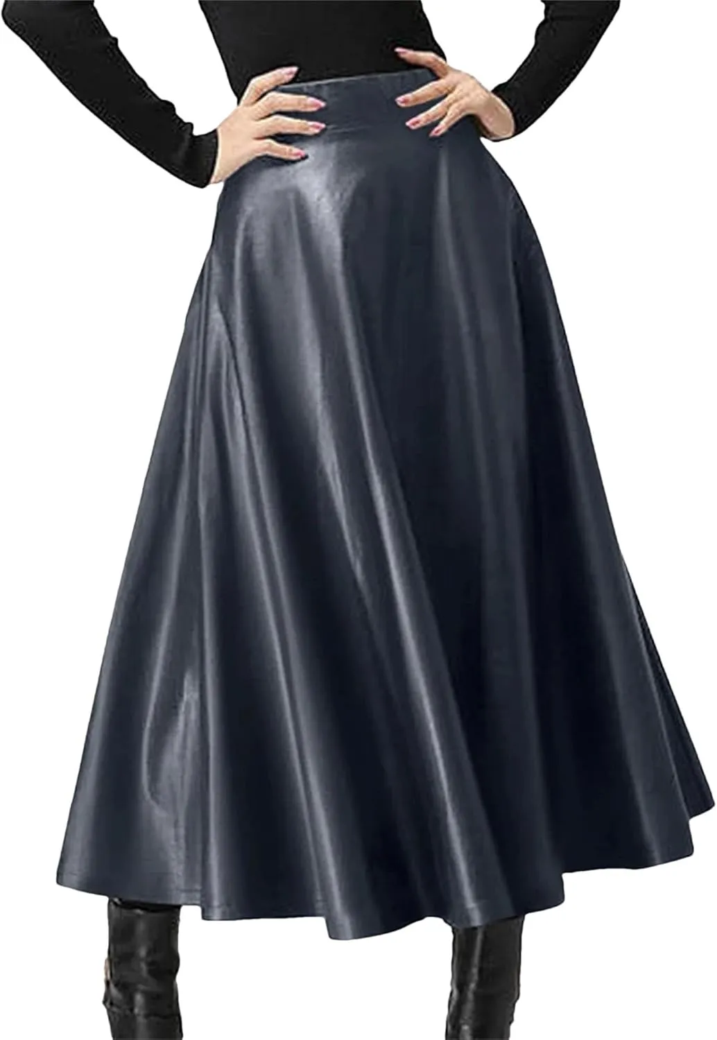 Women's Faux Leather Midi Skirt - High Waisted A-Line Swing Skirt with Zipper Detail & Ruffled Hem Office to Night Out