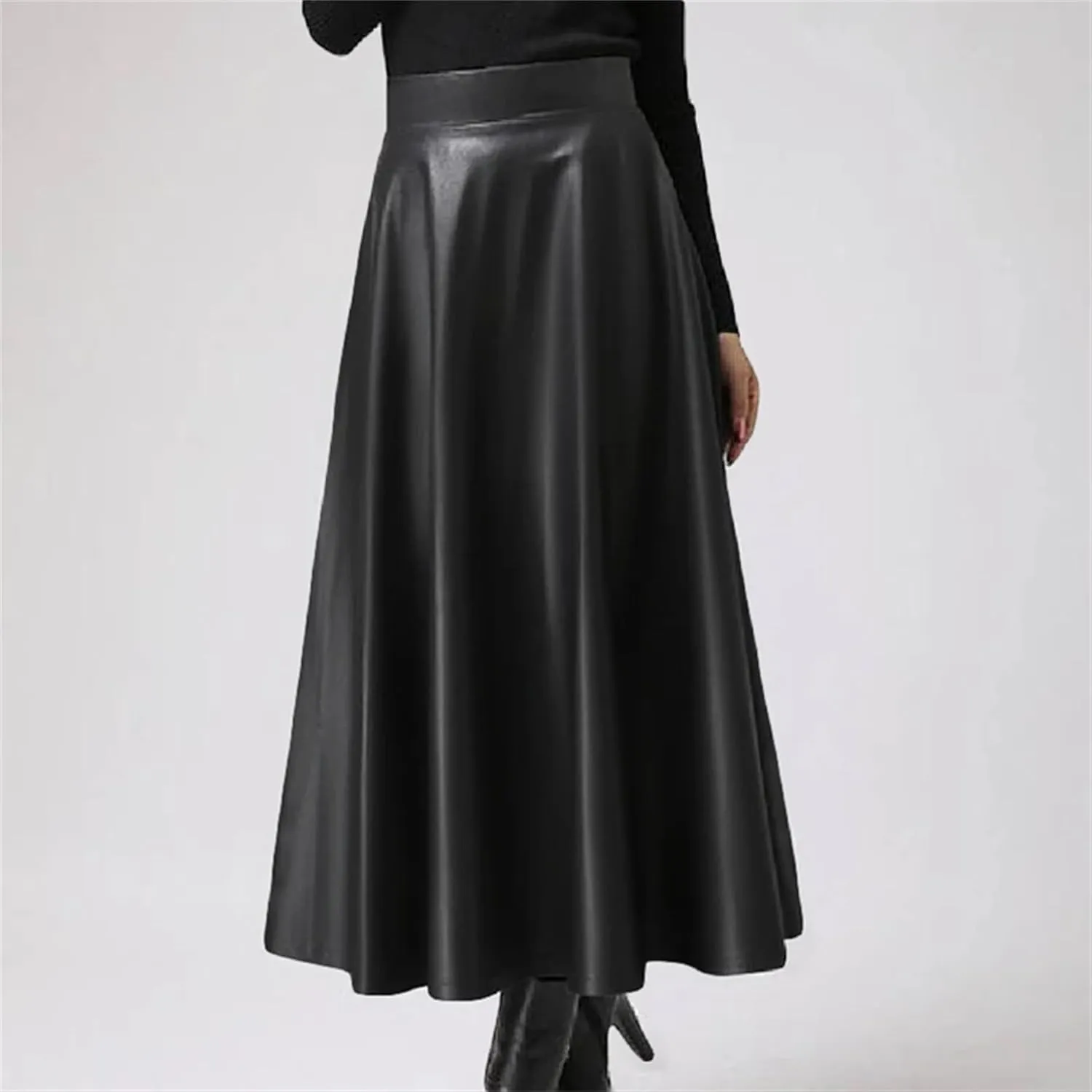Women's Faux Leather Midi Skirt - High Waisted A-Line Swing Skirt with Zipper Detail & Ruffled Hem Office to Night Out