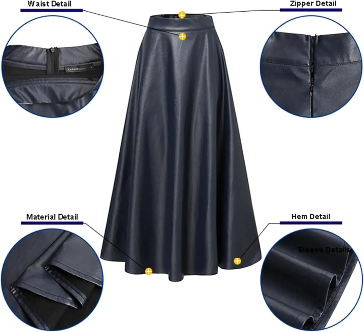 Women's Faux Leather Midi Skirt - High Waisted A-Line Swing Skirt with Zipper Detail & Ruffled Hem Office to Night Out