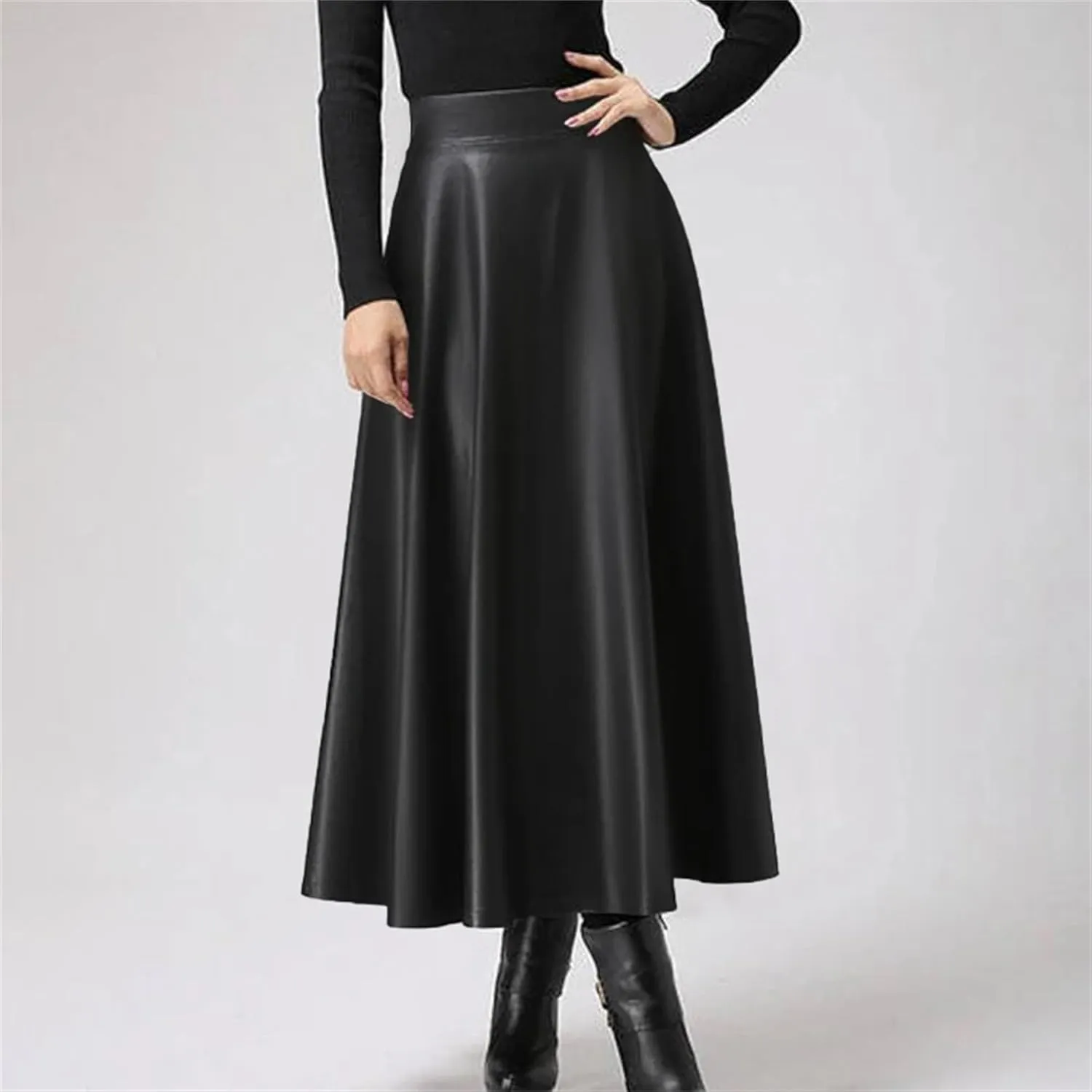 Women's Faux Leather Midi Skirt - High Waisted A-Line Swing Skirt with Zipper Detail & Ruffled Hem Office to Night Out