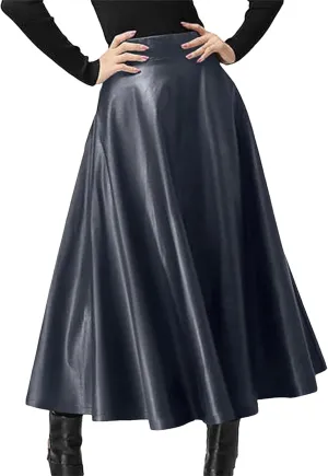 Women's Faux Leather Midi Skirt - High Waisted A-Line Swing Skirt with Zipper Detail & Ruffled Hem Office to Night Out