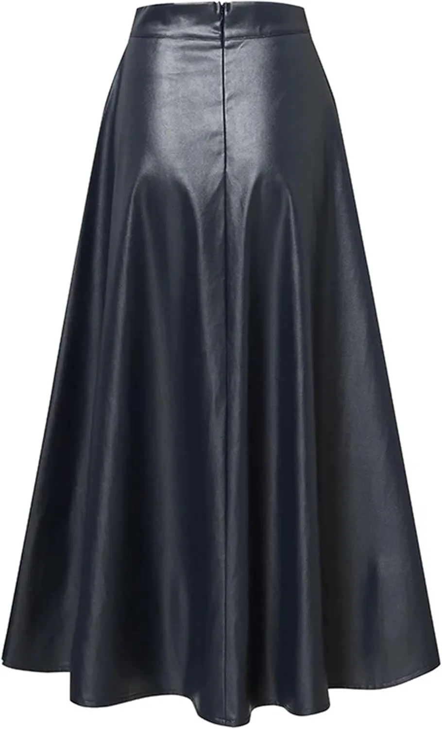 Women's Faux Leather Midi Skirt - High Waisted A-Line Swing Skirt with Zipper Detail & Ruffled Hem Office to Night Out