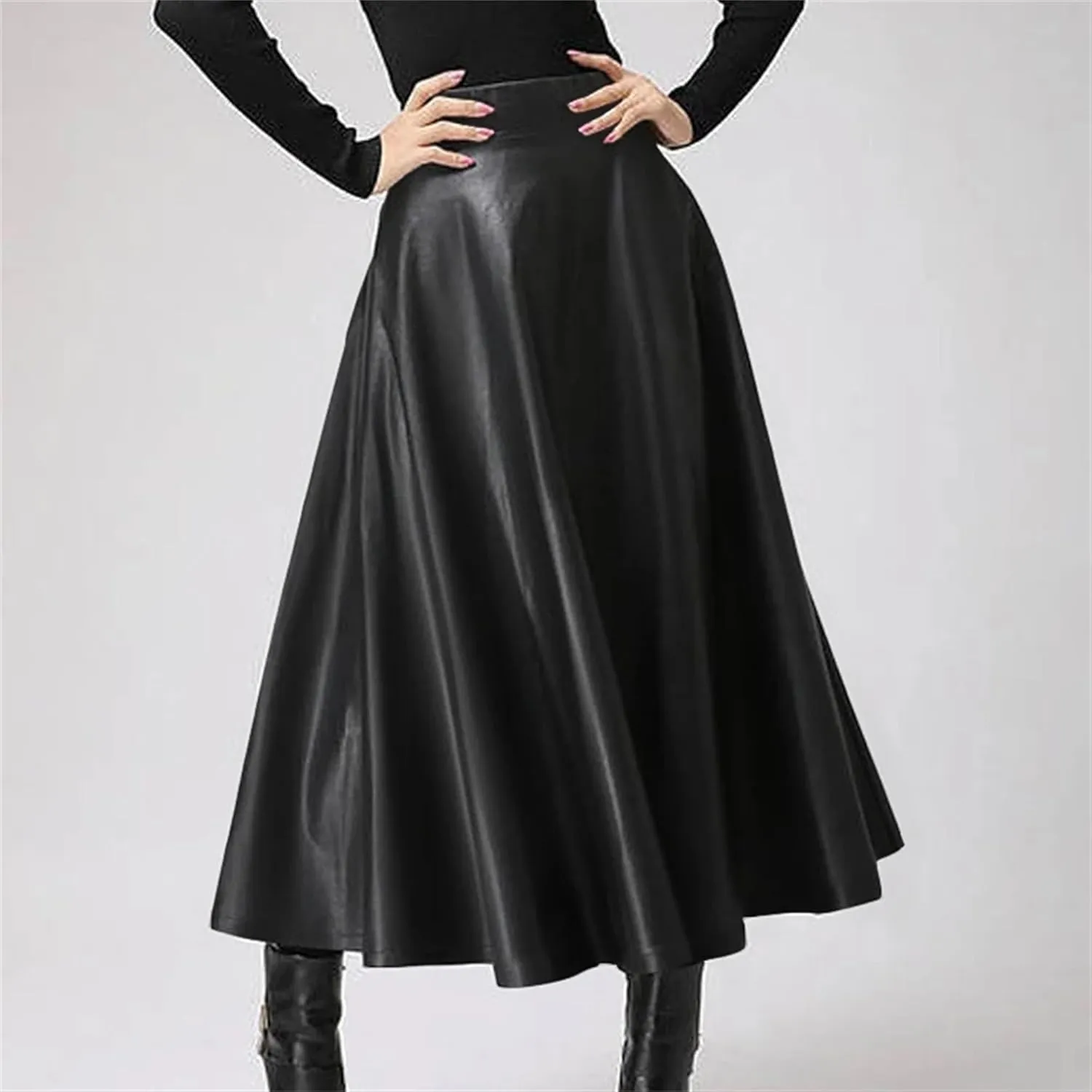 Women's Faux Leather Midi Skirt - High Waisted A-Line Swing Skirt with Zipper Detail & Ruffled Hem Office to Night Out