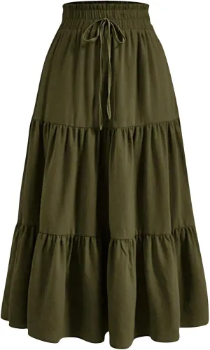 Women's High Elastic Waist Bohemian Midi Skirt - Pleated Ruffle A-Line Skirt for Casual Wear