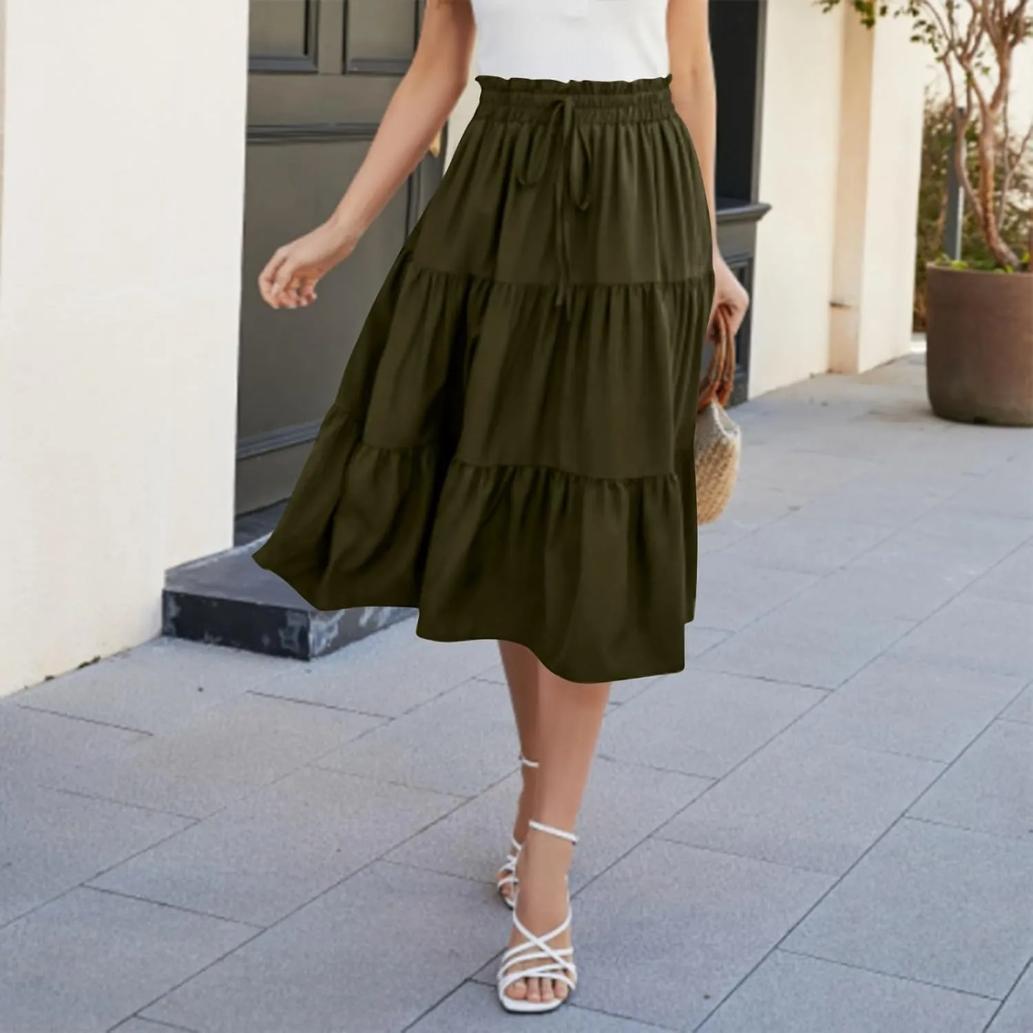 Women's High Elastic Waist Bohemian Midi Skirt - Pleated Ruffle A-Line Skirt for Casual Wear