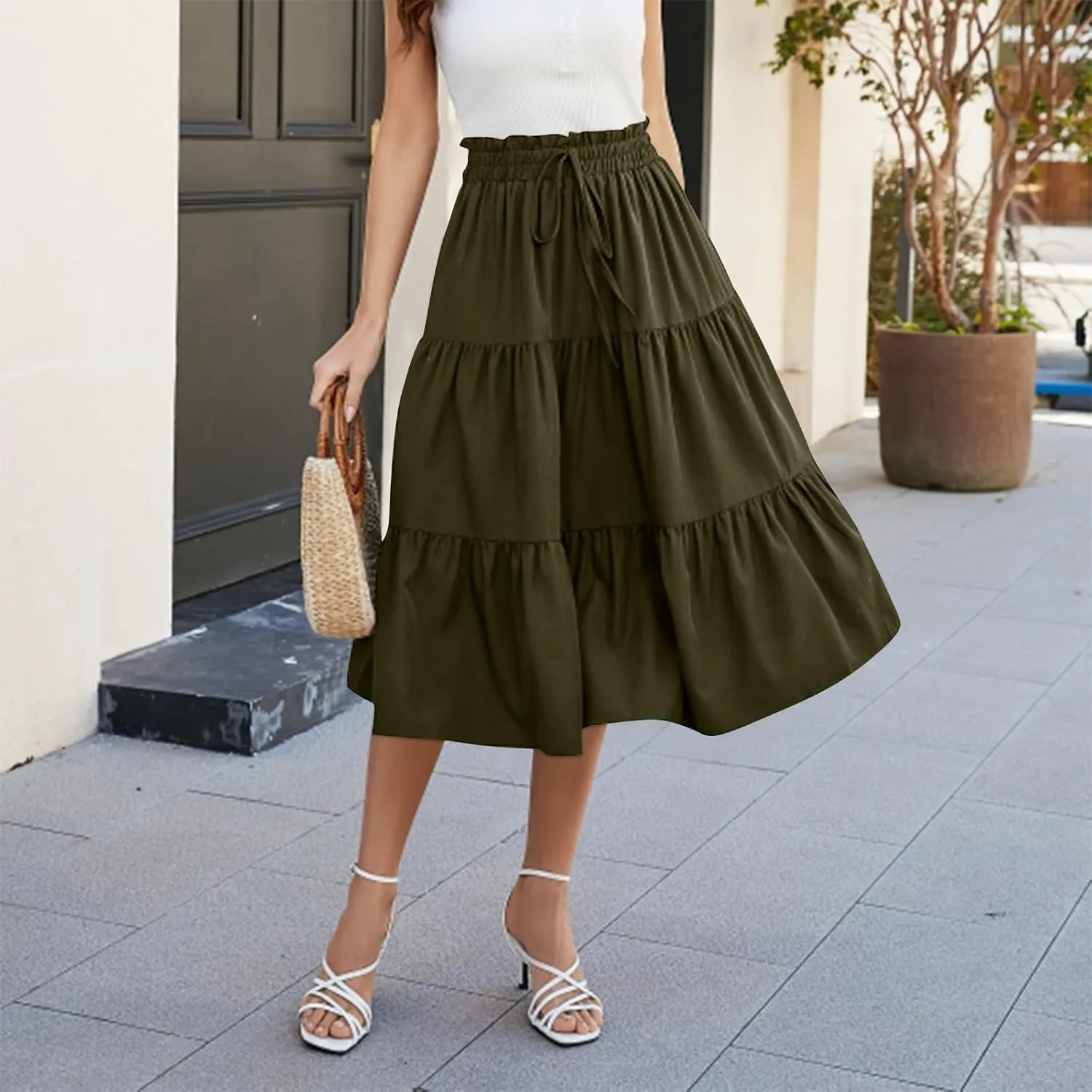 Women's High Elastic Waist Bohemian Midi Skirt - Pleated Ruffle A-Line Skirt for Casual Wear