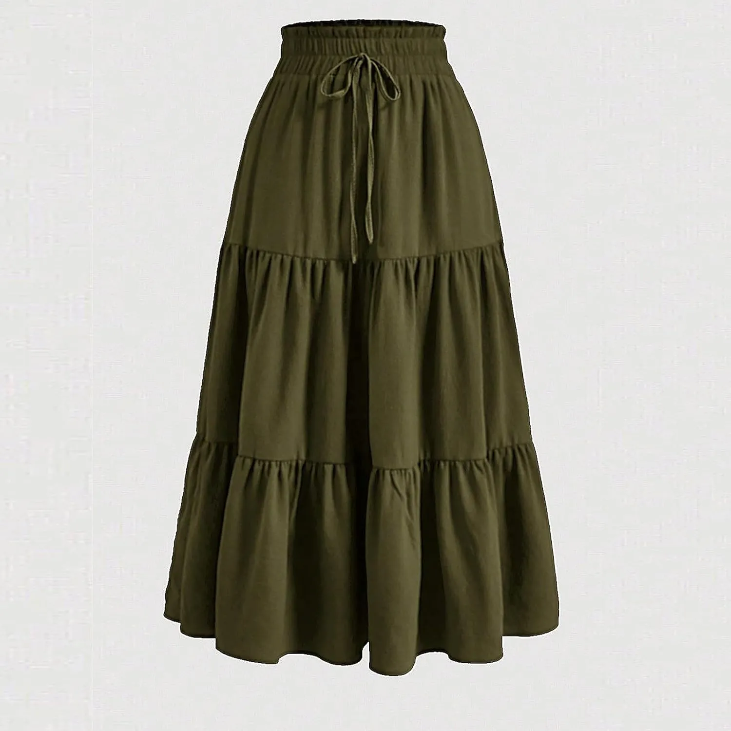 Women's High Elastic Waist Bohemian Midi Skirt - Pleated Ruffle A-Line Skirt for Casual Wear